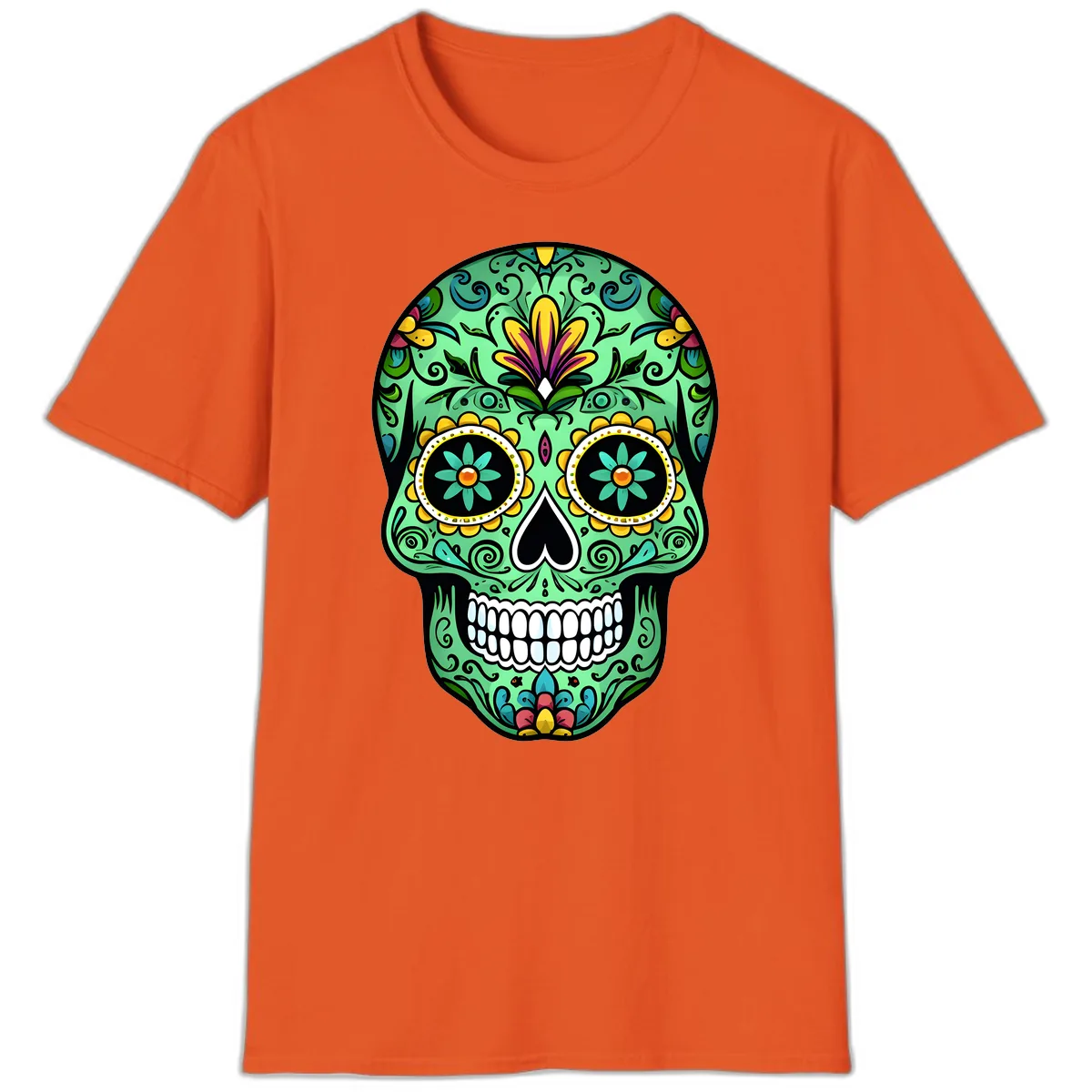 Ornate Teal Calavera Skull Adorned with Vibrant Florals T-Shirt in Orange
