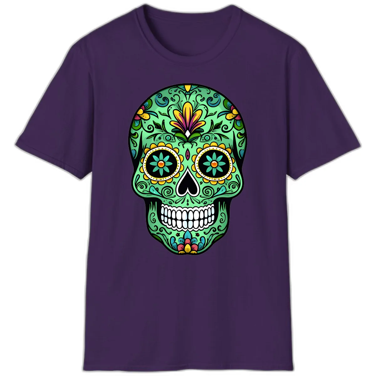 Ornate Teal Calavera Skull Adorned with Vibrant Florals T-Shirt in Purple