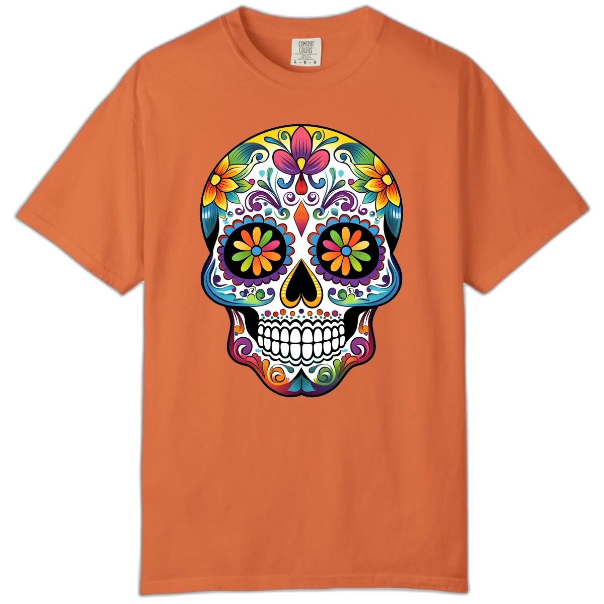 Vibrant Floral Calavera Sugar Skull Comfort Color in Burnt Orange