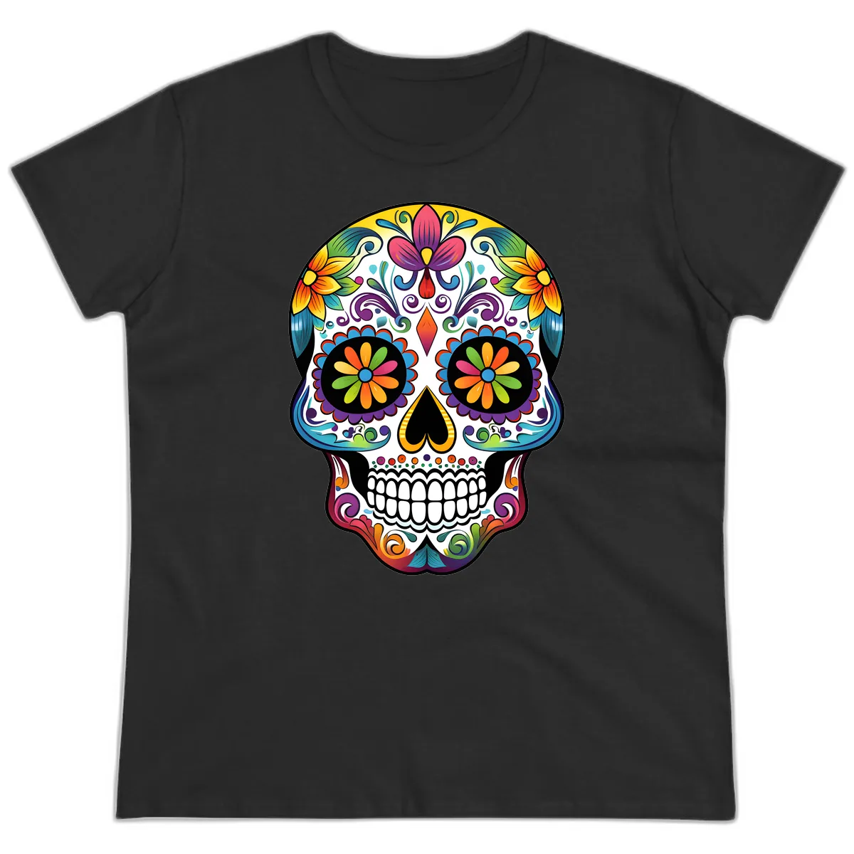 Vibrant Floral Calavera Sugar Skull Ladies Tee in Black