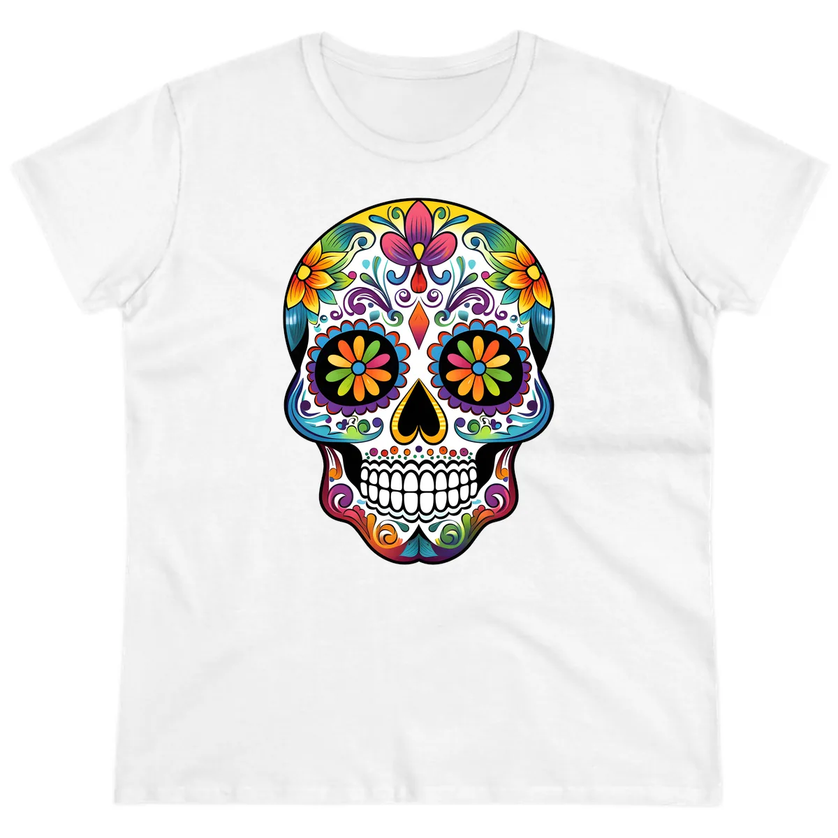 Vibrant Floral Calavera Sugar Skull Ladies Tee in White
