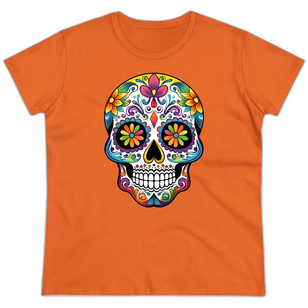 Vibrant Floral Calavera Sugar Skull Ladies Tee in Orange