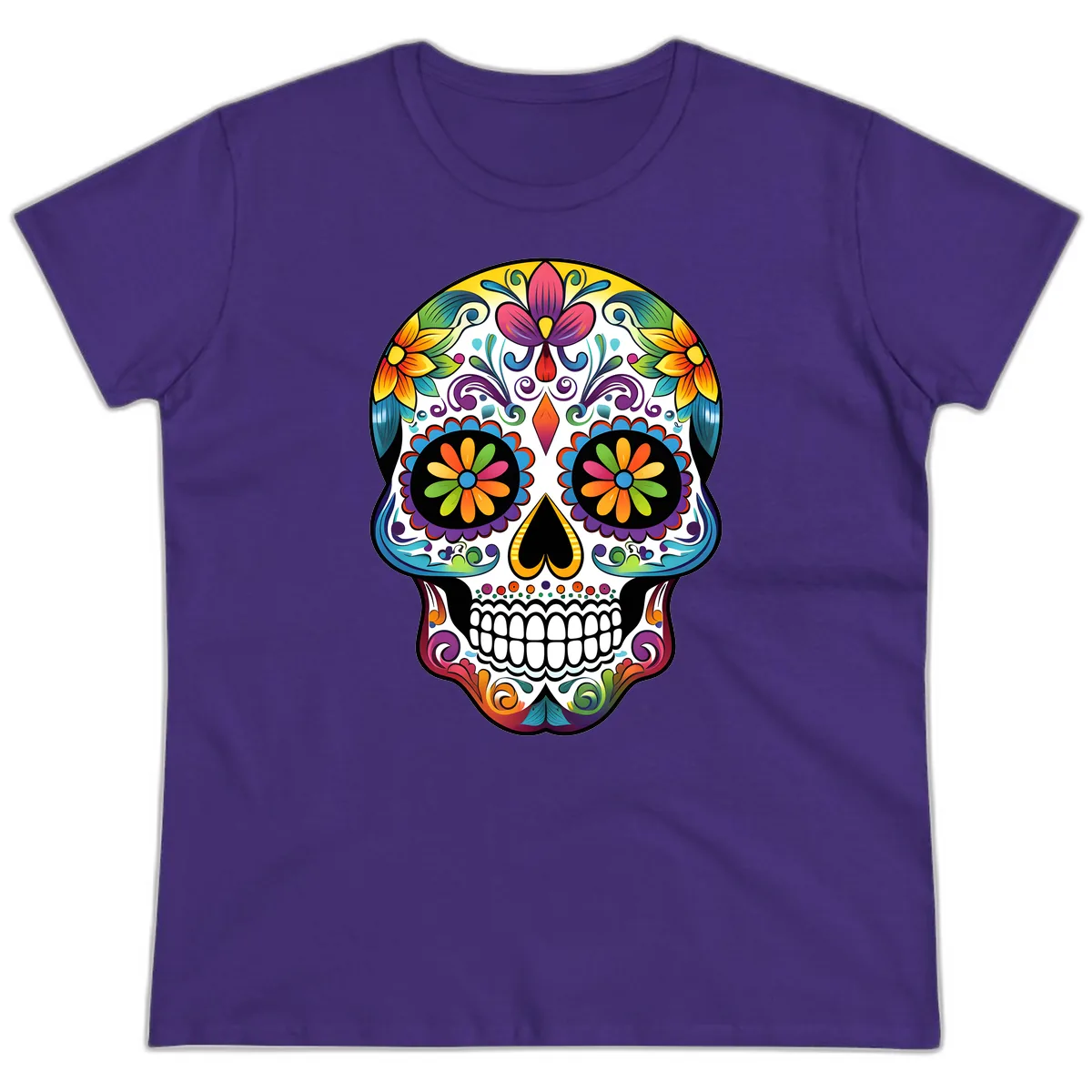 Vibrant Floral Calavera Sugar Skull Ladies Tee in Purple