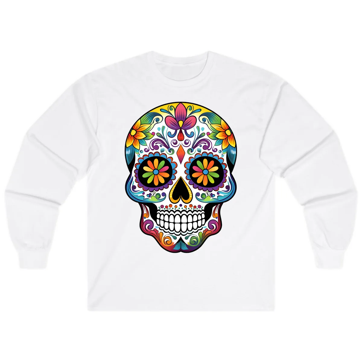 Vibrant Floral Calavera Sugar Skull Long Sleeve in White