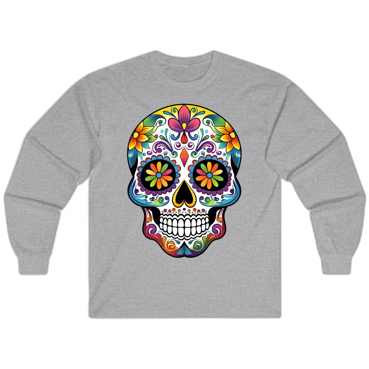 Vibrant Floral Calavera Sugar Skull Long Sleeve in Sport Grey