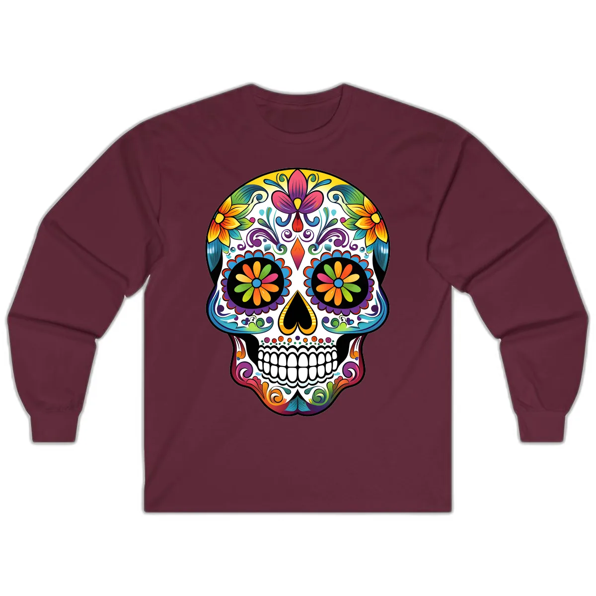 Vibrant Floral Calavera Sugar Skull Long Sleeve in Maroon