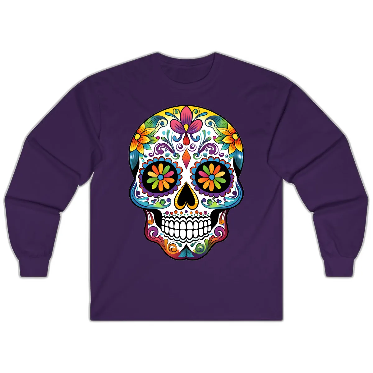 Vibrant Floral Calavera Sugar Skull Long Sleeve in Purple
