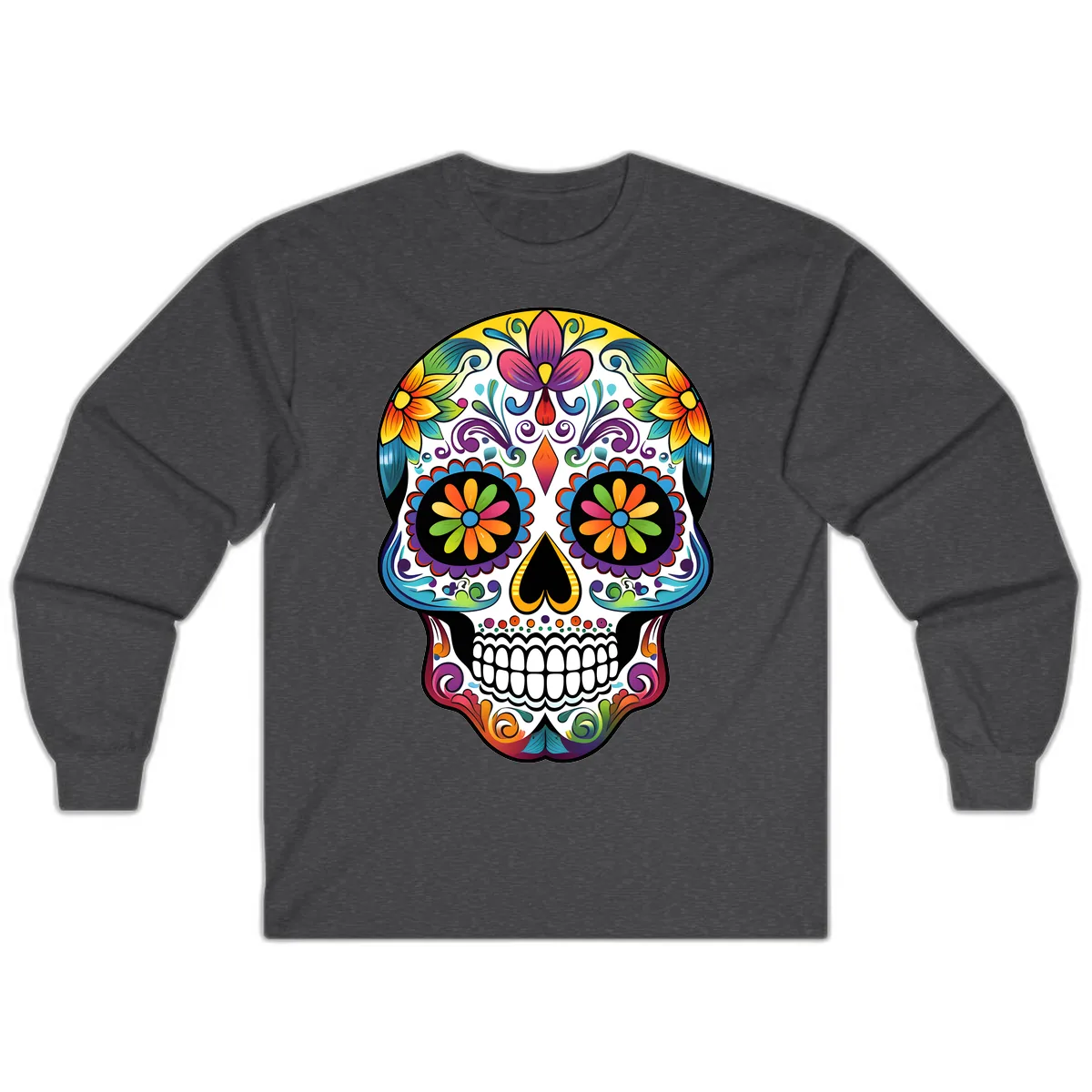 Vibrant Floral Calavera Sugar Skull Long Sleeve in Dark Heather
