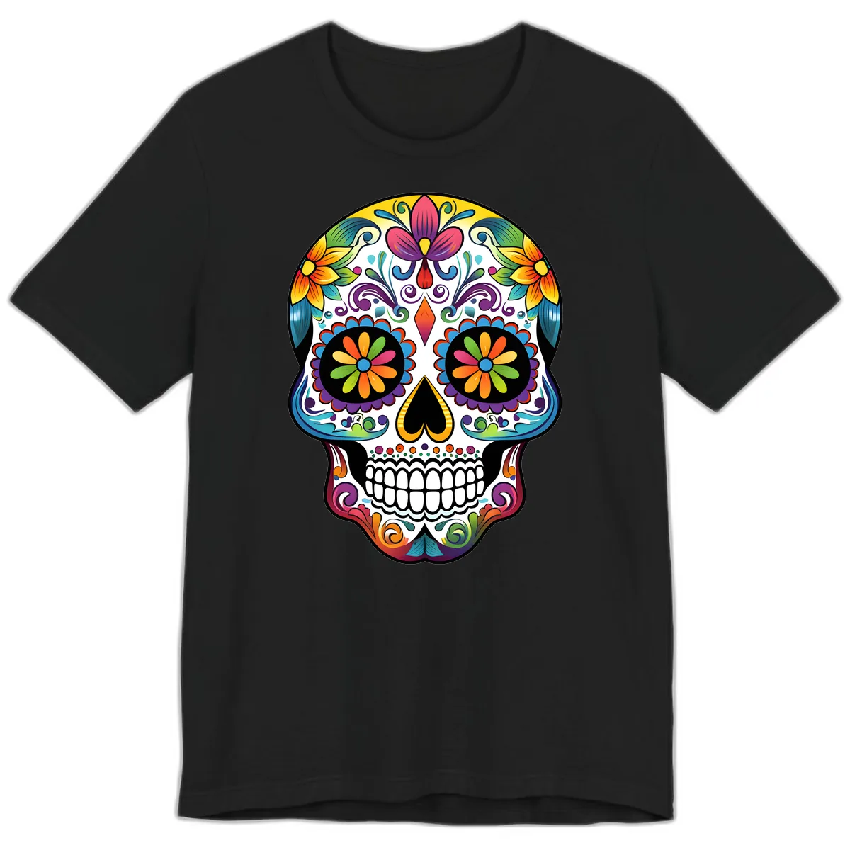 Vibrant Floral Calavera Sugar Skull Premium T-Shirt in Black