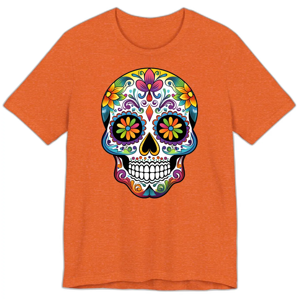 Vibrant Floral Calavera Sugar Skull Premium T-Shirt in Heather Orange