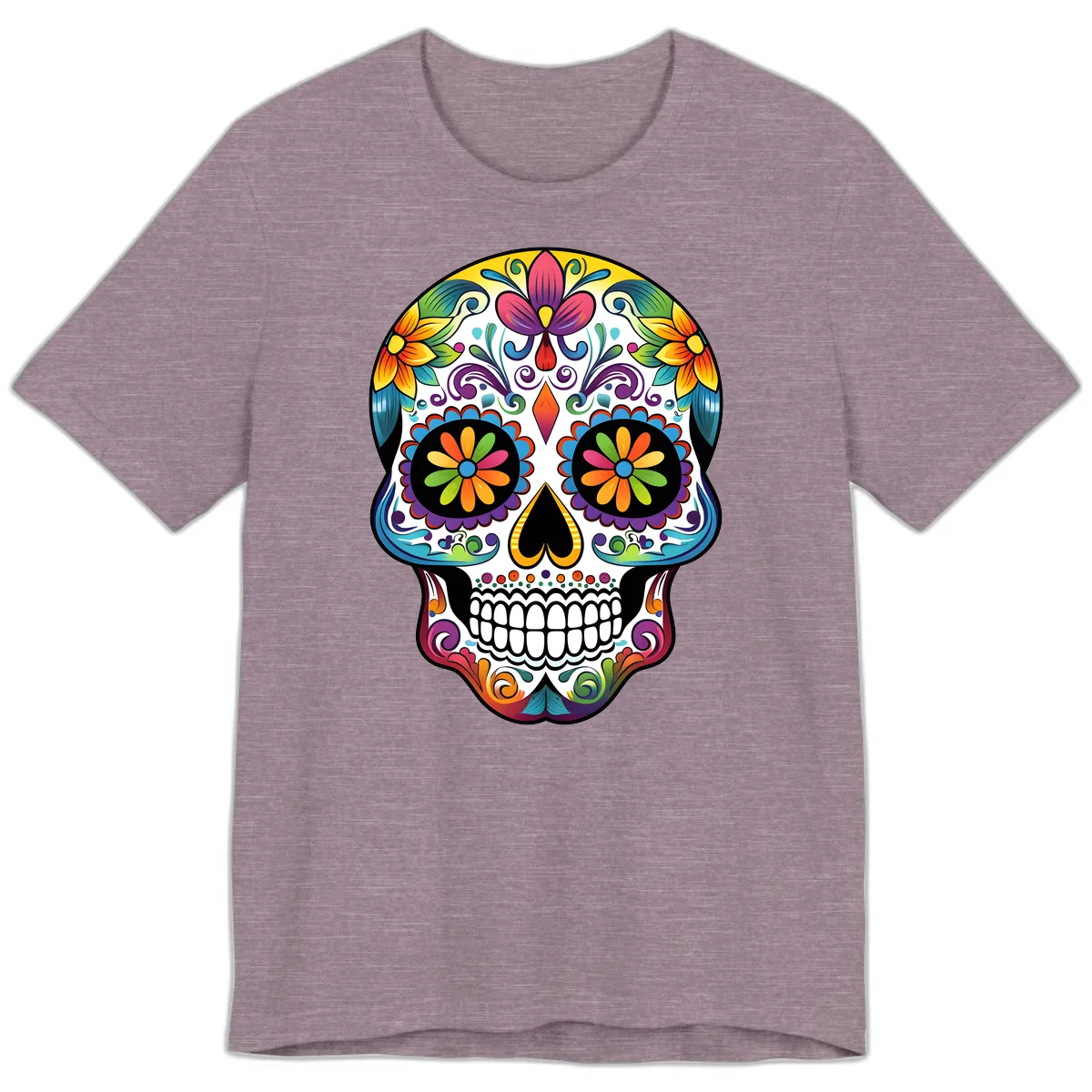 Vibrant Floral Calavera Sugar Skull Premium T-Shirt in Heather Purple