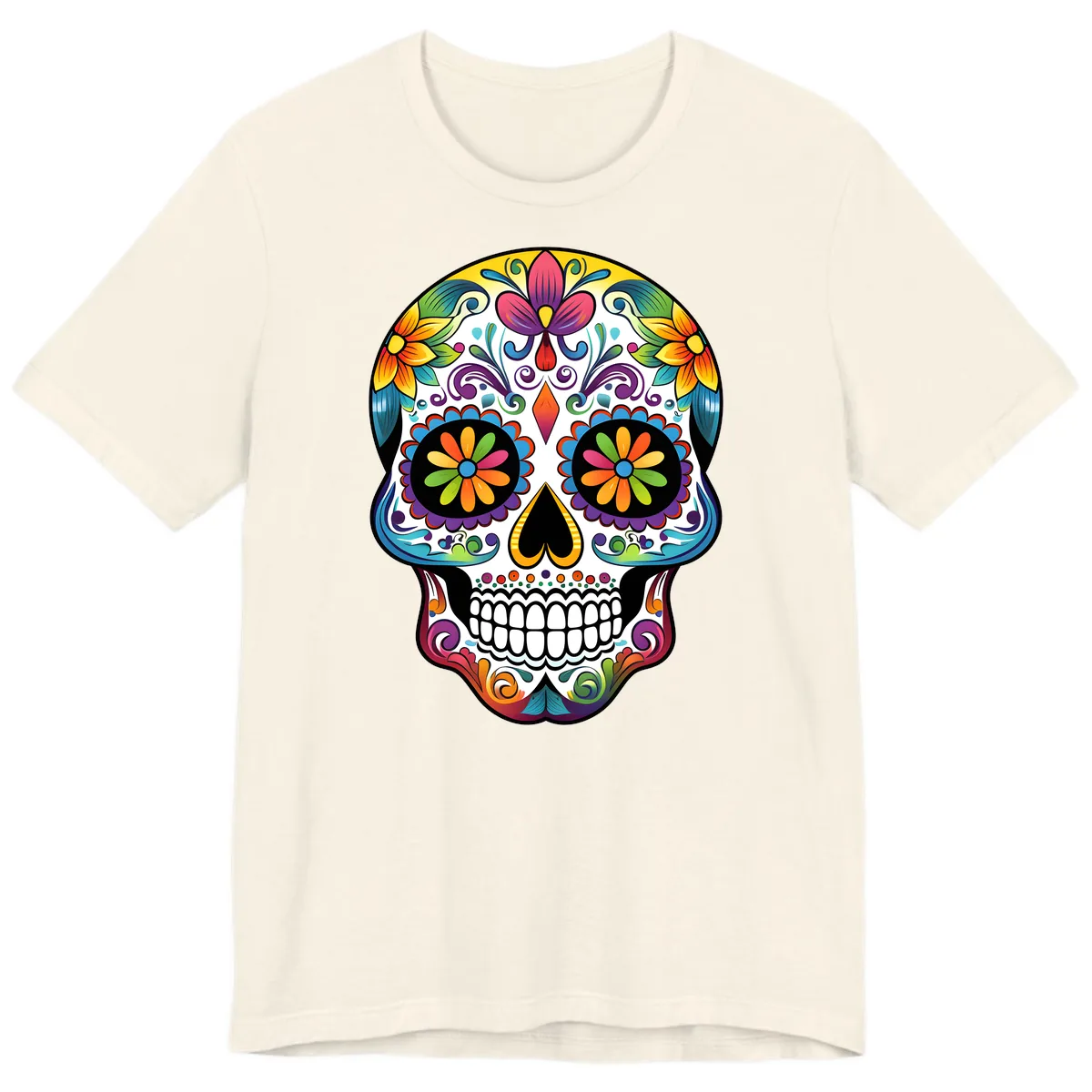 Vibrant Floral Calavera Sugar Skull Premium T-Shirt in Natural
