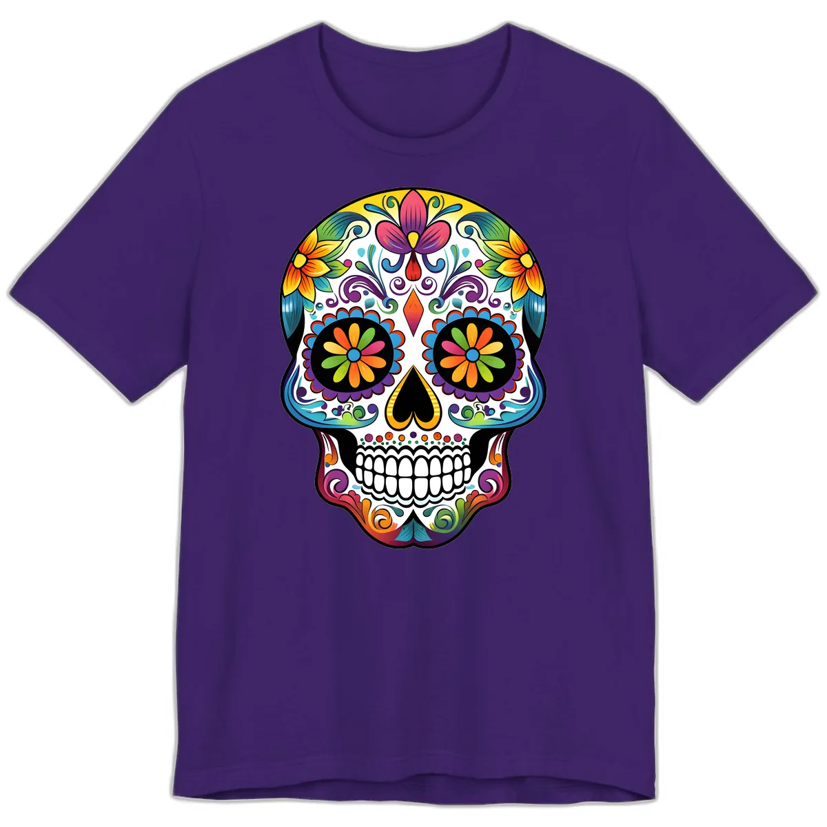 Vibrant Floral Calavera Sugar Skull Premium T-Shirt in Team Purple
