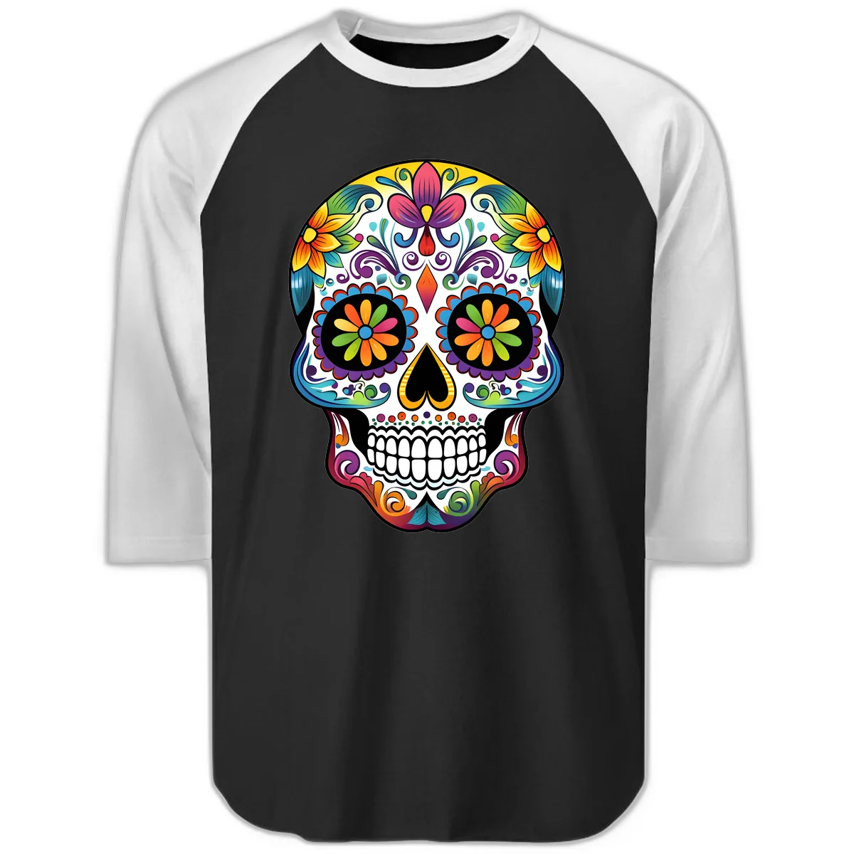 Vibrant Floral Calavera Sugar Skull Raglan 3/4 in Black White