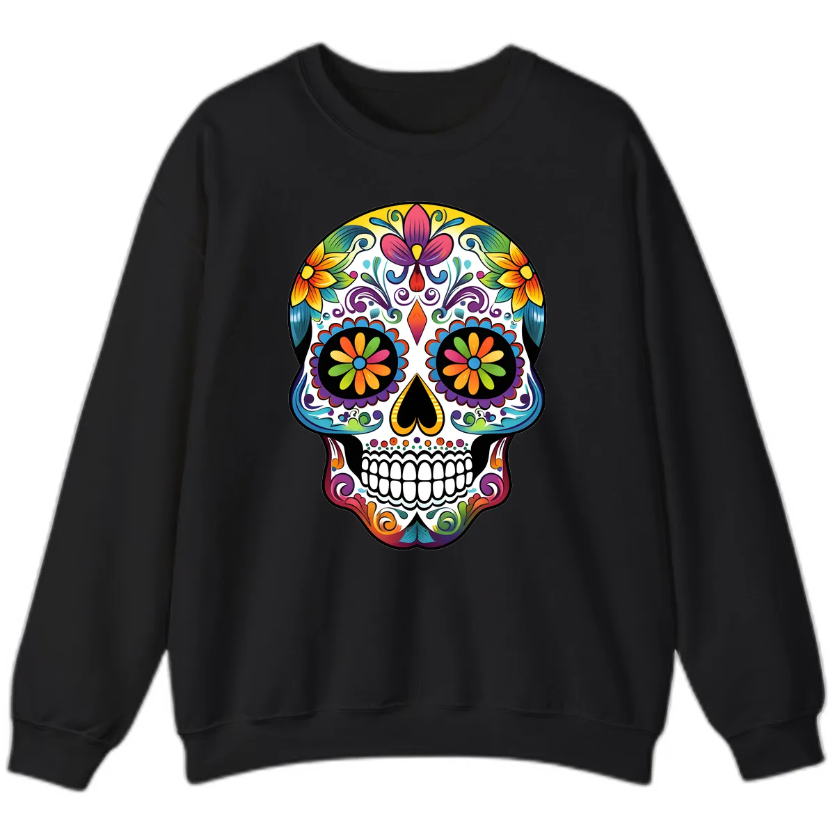 Vibrant Floral Calavera Sugar Skull Sweatshirt in Black
