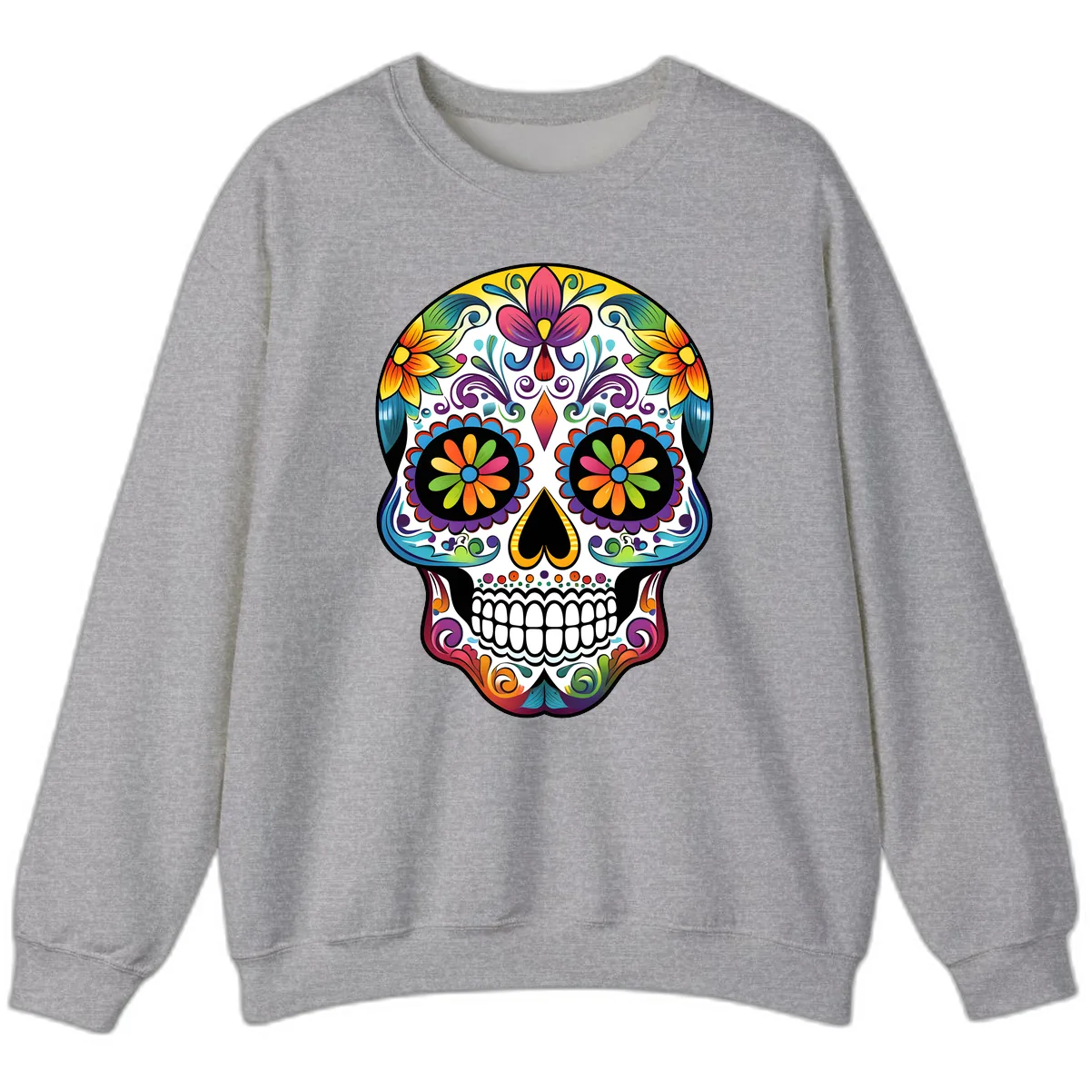 Vibrant Floral Calavera Sugar Skull Sweatshirt in Sport Grey