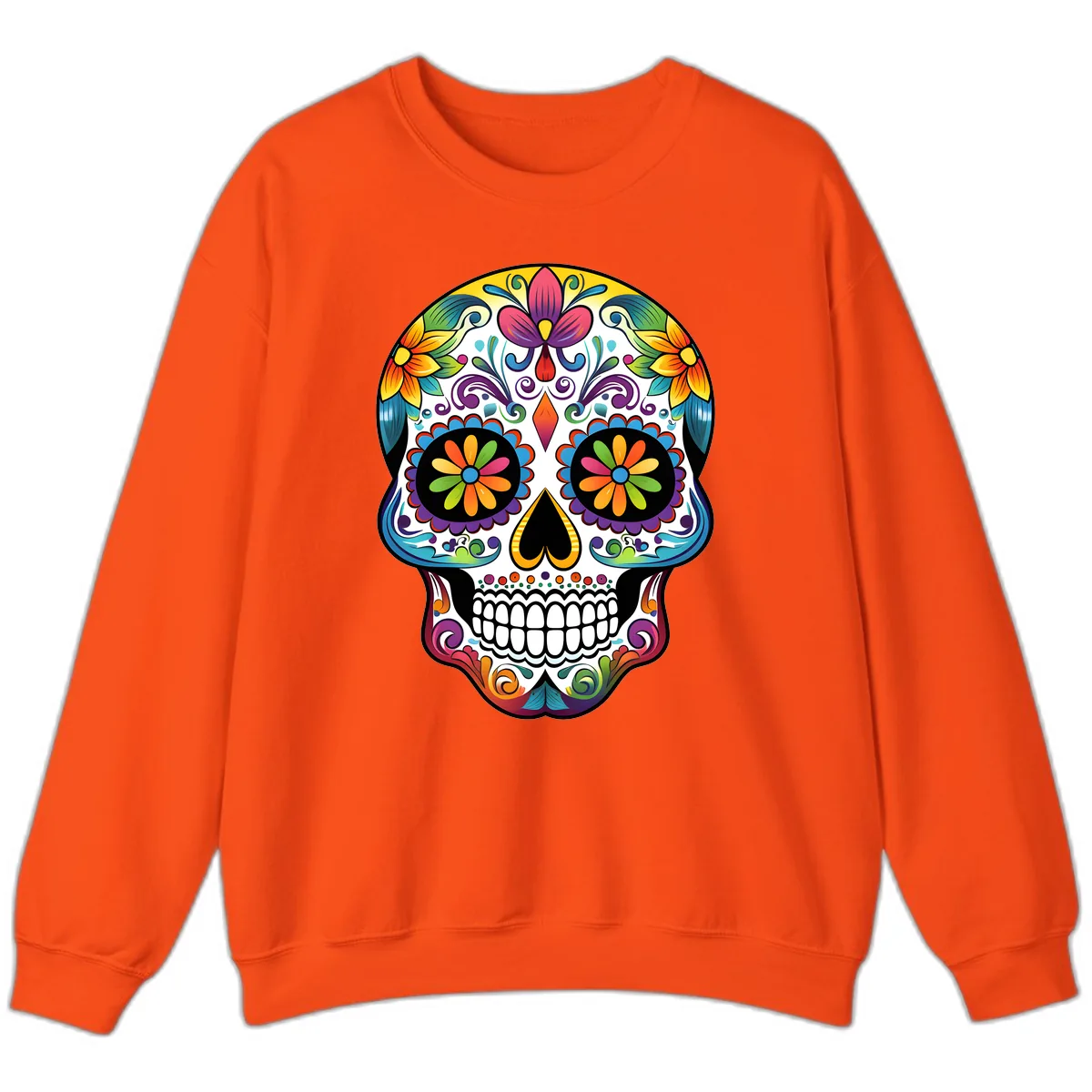 Vibrant Floral Calavera Sugar Skull Sweatshirt in Orange