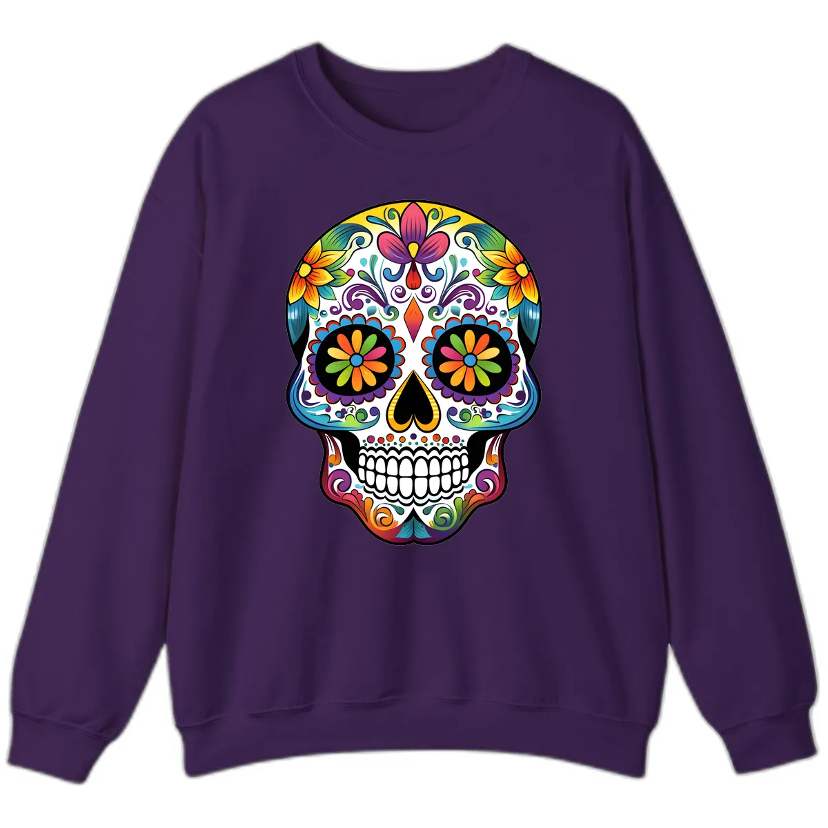 Vibrant Floral Calavera Sugar Skull Sweatshirt in Purple