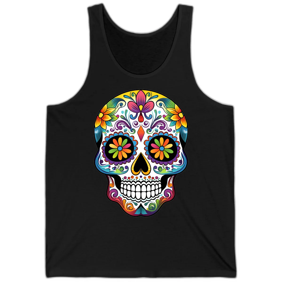 Vibrant Floral Calavera Sugar Skull Tank in Black