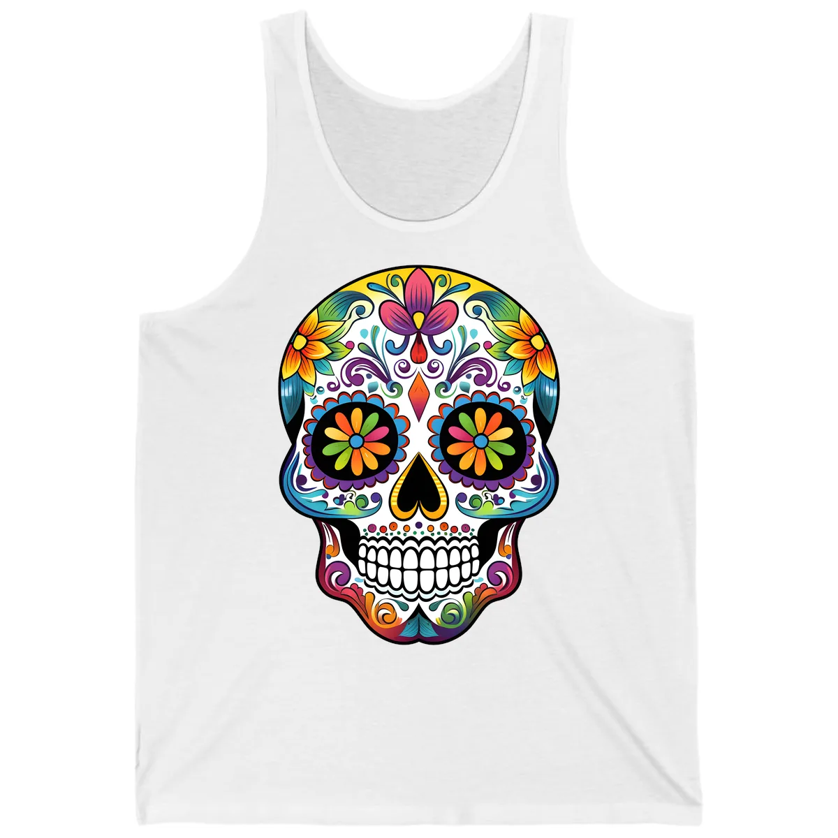 Vibrant Floral Calavera Sugar Skull Tank in White