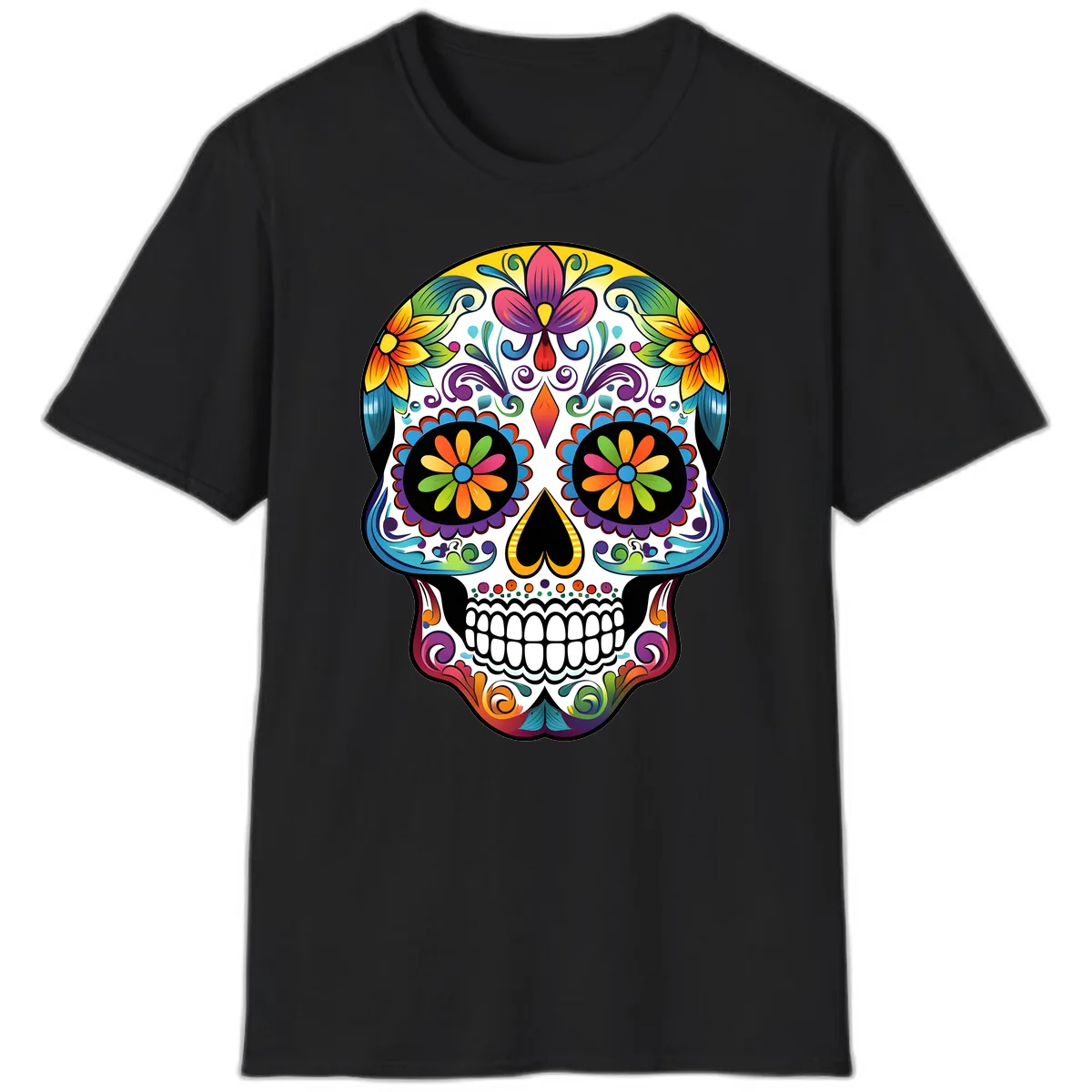 Vibrant Floral Calavera Sugar Skull T-Shirt in Black