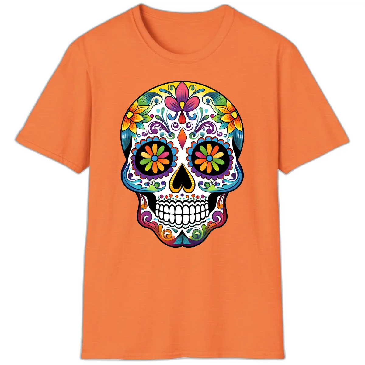 Vibrant Floral Calavera Sugar Skull T-Shirt in Heather Orange