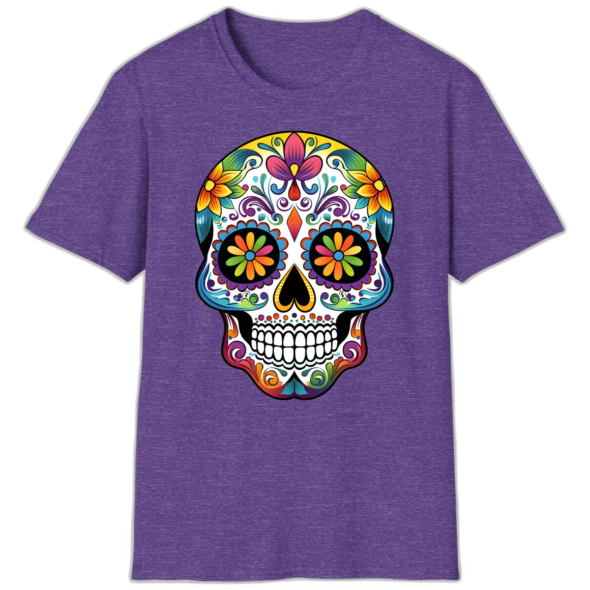 Vibrant Floral Calavera Sugar Skull T-Shirt in Heather Purple