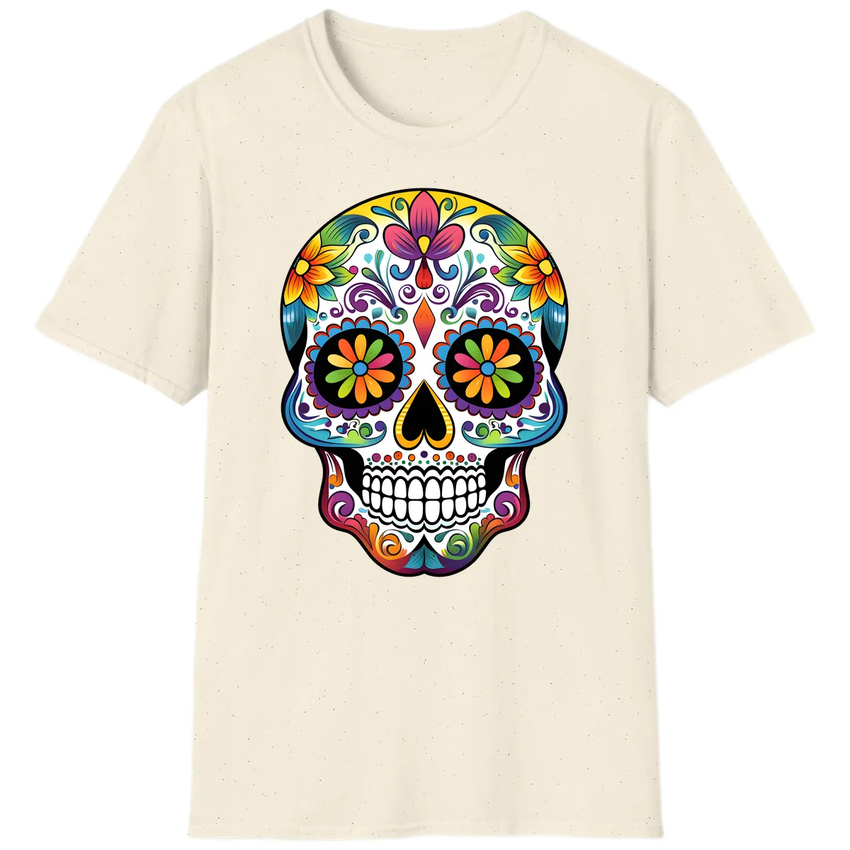 Vibrant Floral Calavera Sugar Skull T-Shirt in Natural