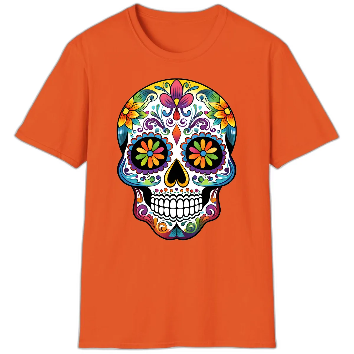 Vibrant Floral Calavera Sugar Skull T-Shirt in Orange