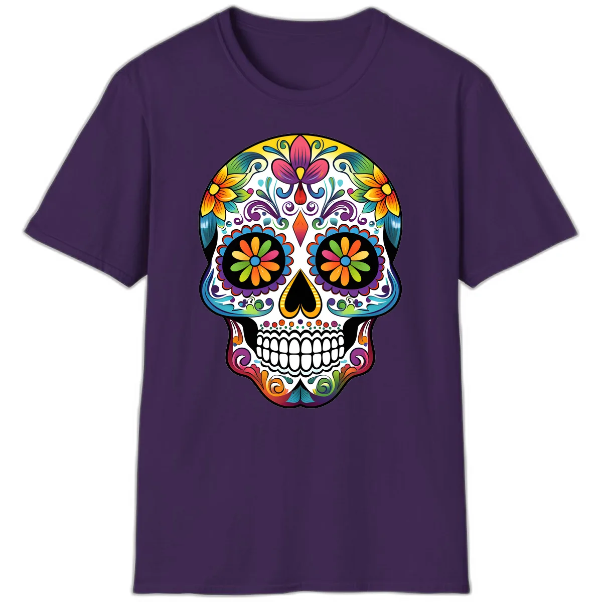 Vibrant Floral Calavera Sugar Skull T-Shirt in Purple