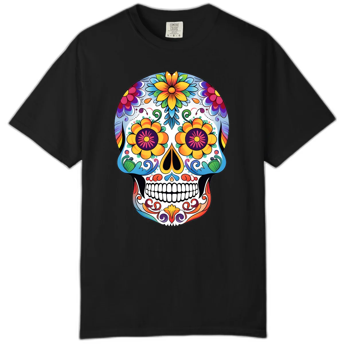 Vibrant Floral Sugar Skull Calavera Comfort Color in Black