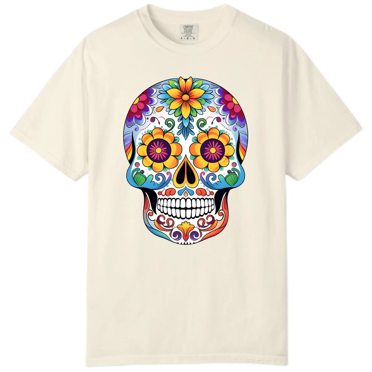 Vibrant Floral Sugar Skull Calavera Comfort Color in Ivory