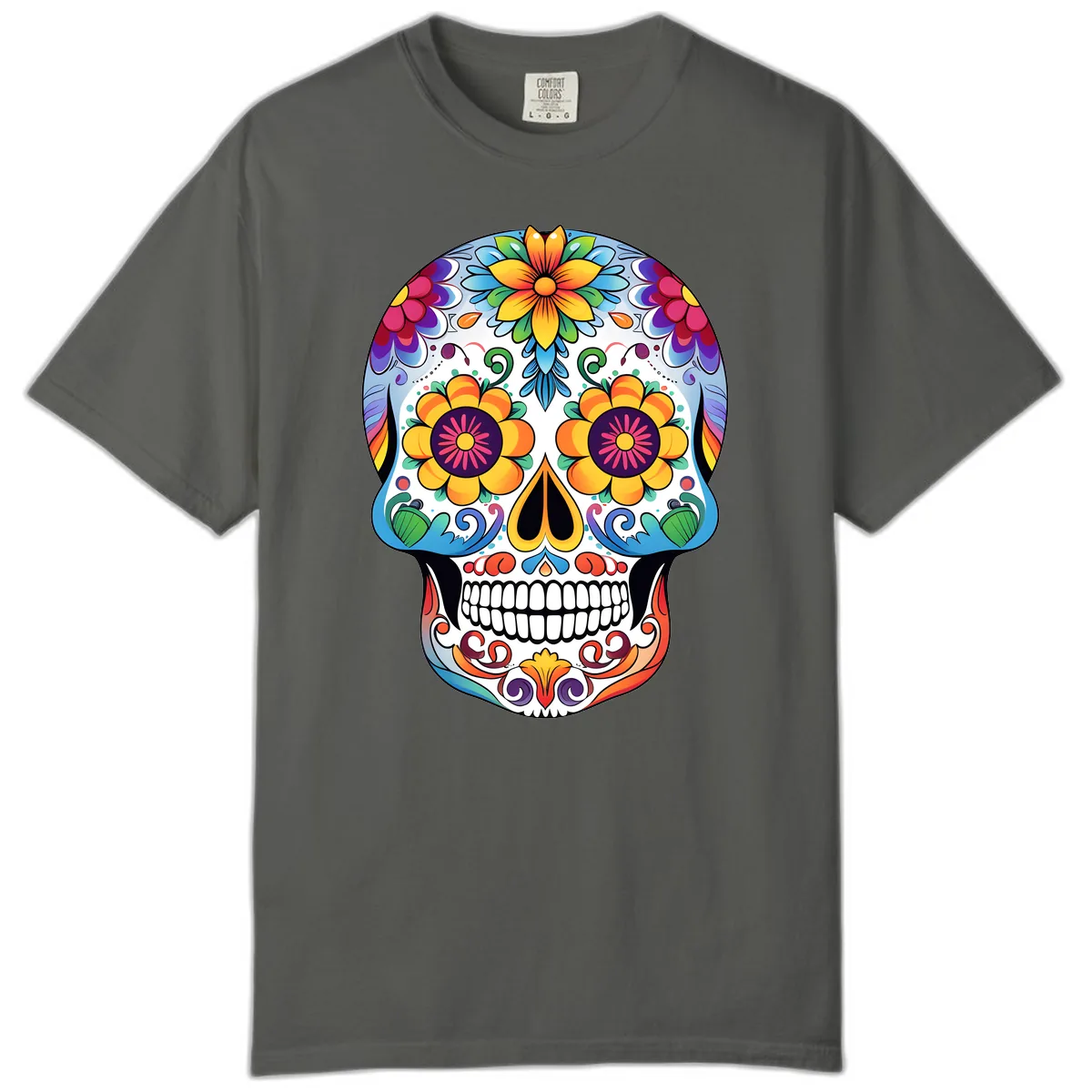 Vibrant Floral Sugar Skull Calavera Comfort Color in Pepper