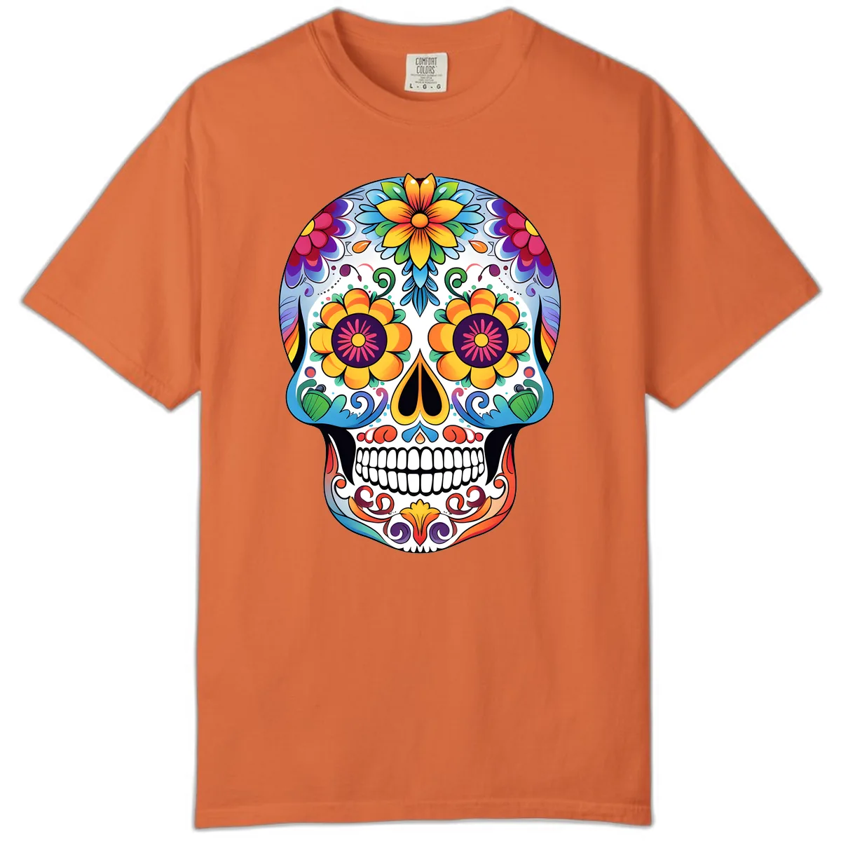 Vibrant Floral Sugar Skull Calavera Comfort Color in Burnt Orange