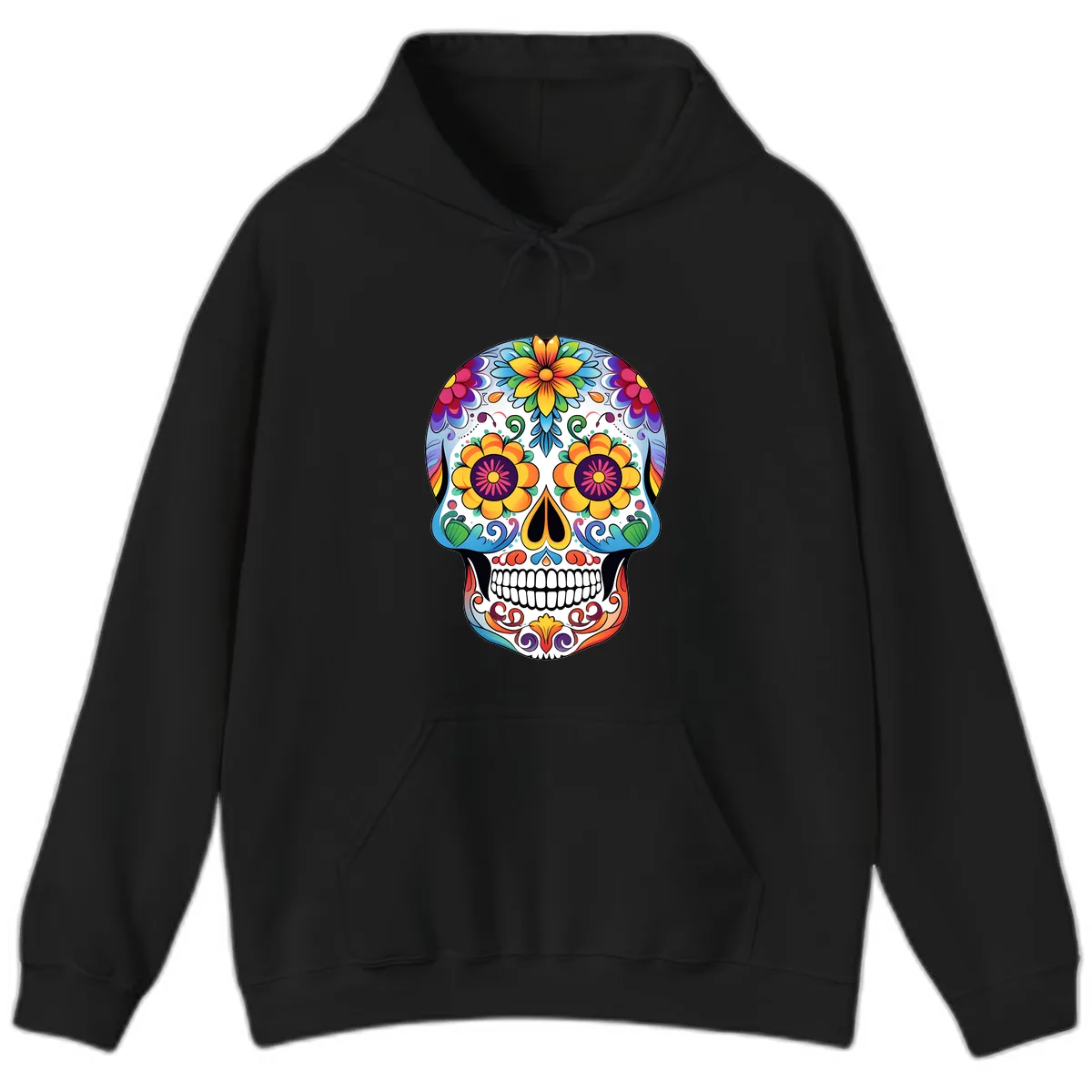 Vibrant Floral Sugar Skull Calavera Hoodie in Black