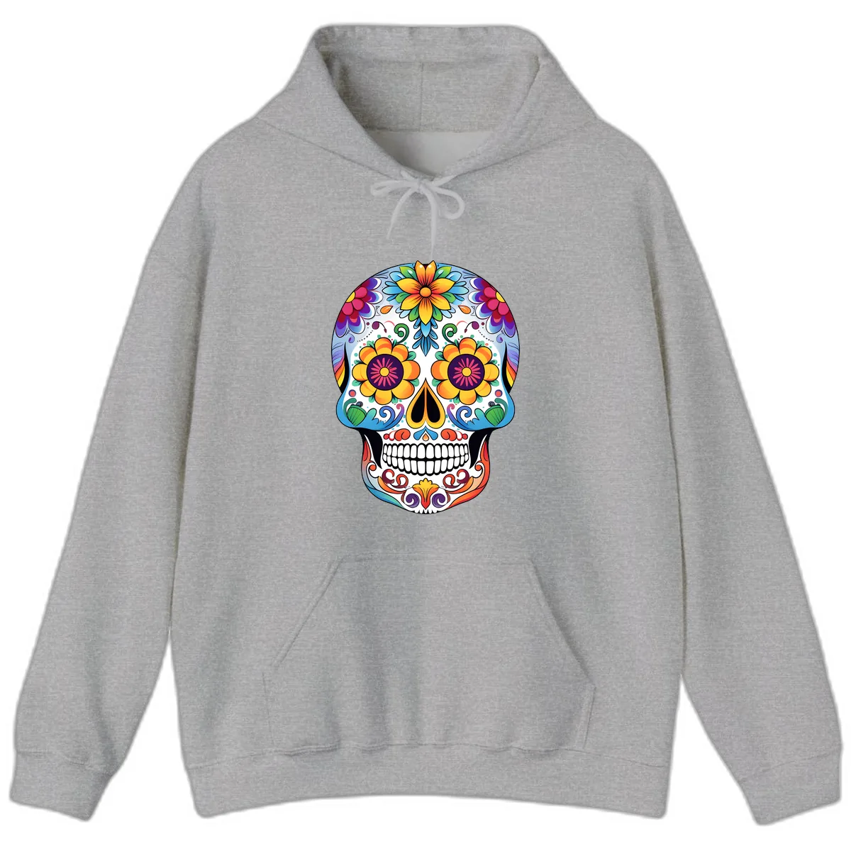 Vibrant Floral Sugar Skull Calavera Hoodie in Sport Grey