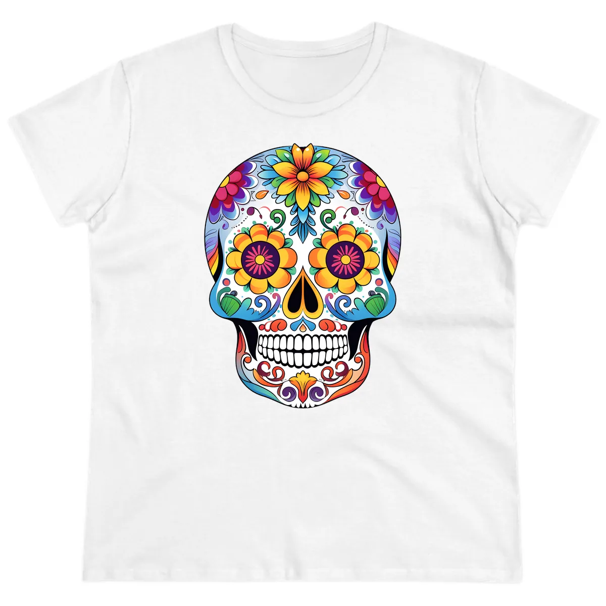 Vibrant Floral Sugar Skull Calavera Ladies Tee in White