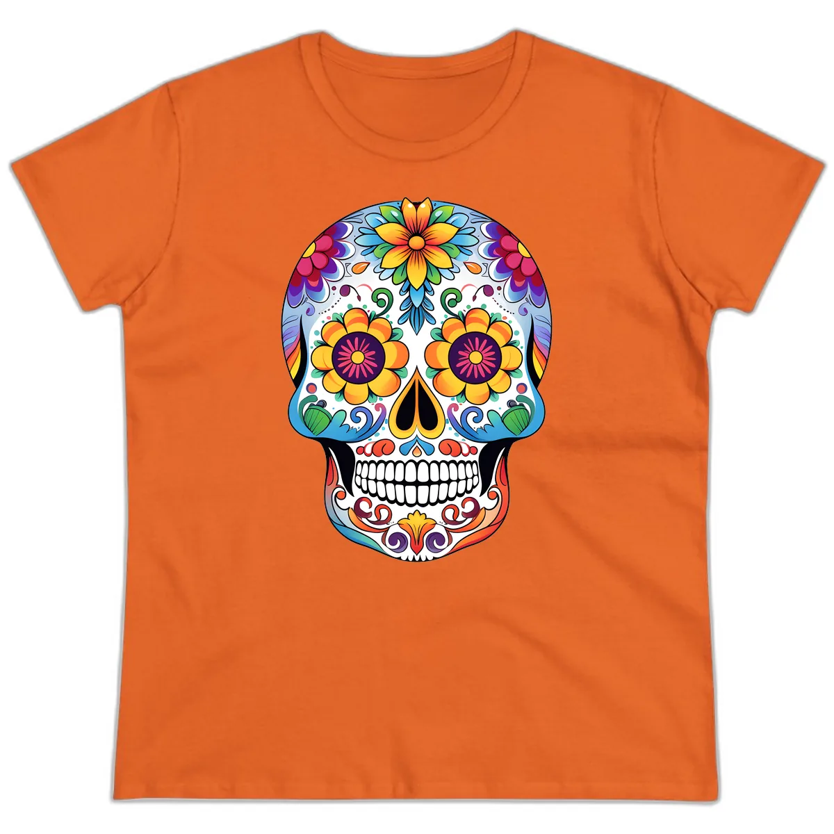 Vibrant Floral Sugar Skull Calavera Ladies Tee in Orange