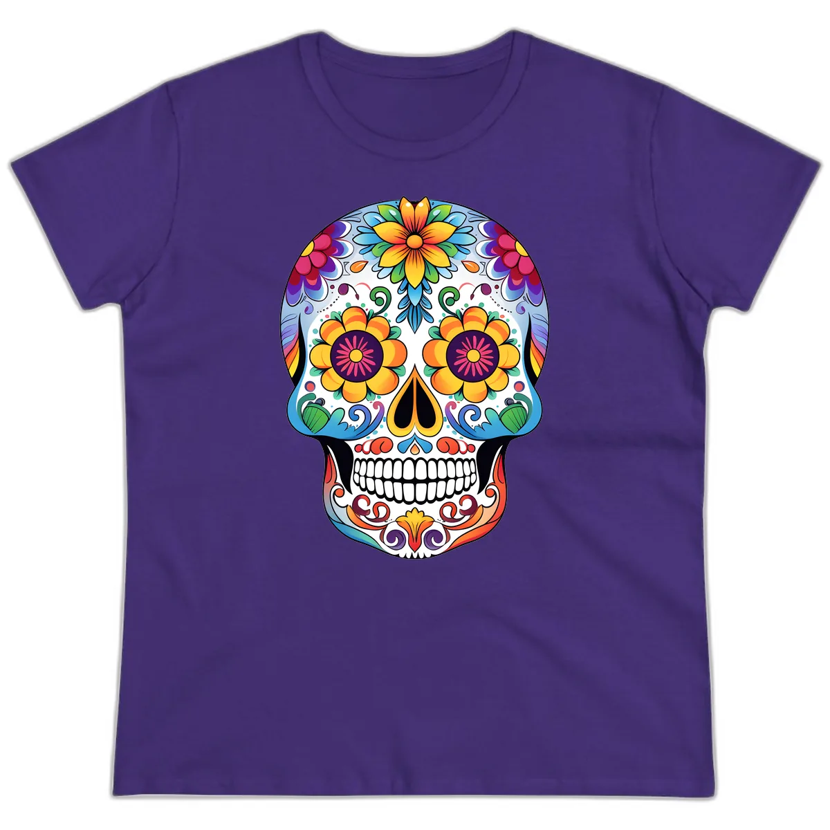 Vibrant Floral Sugar Skull Calavera Ladies Tee in Purple