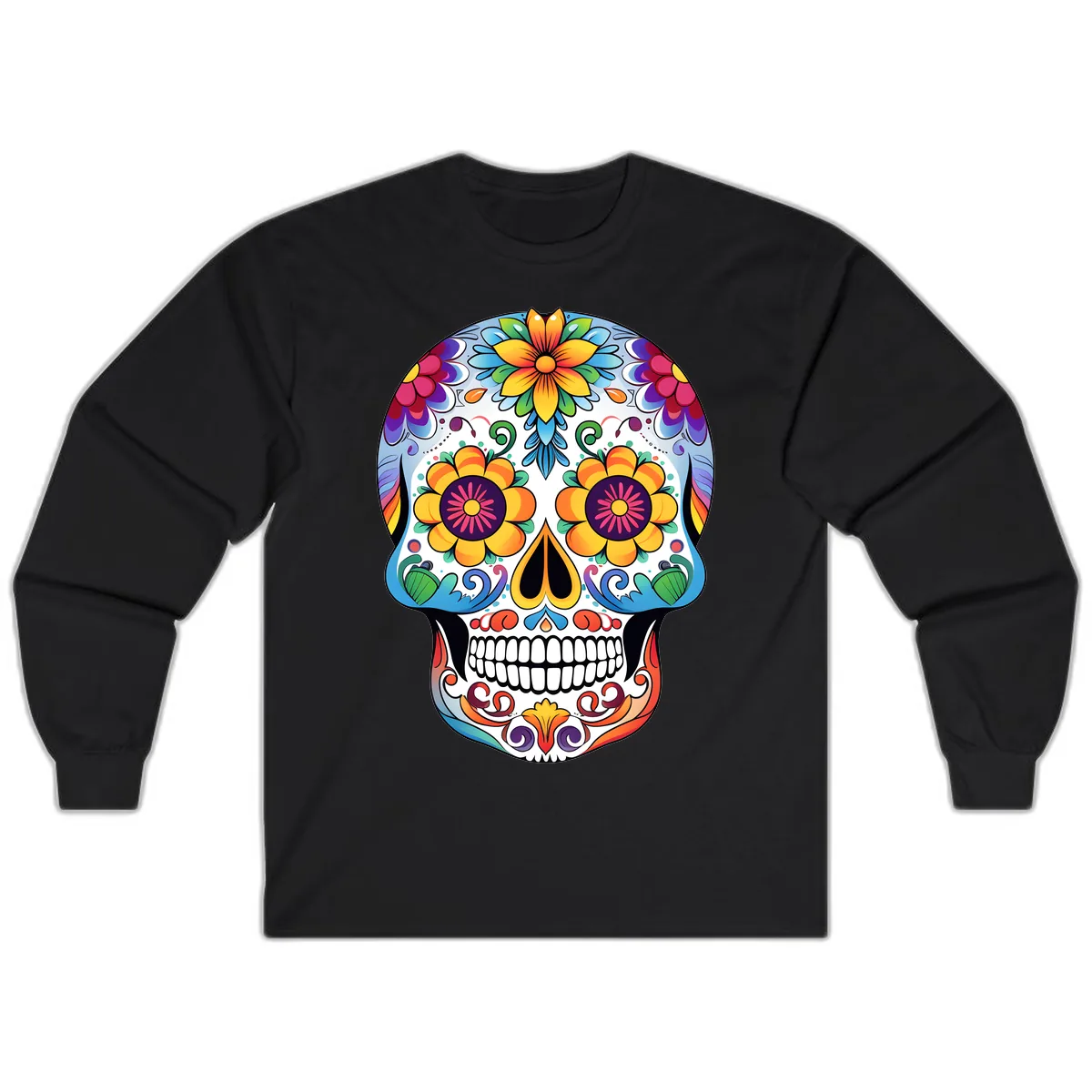 Vibrant Floral Sugar Skull Calavera Long Sleeve in Black