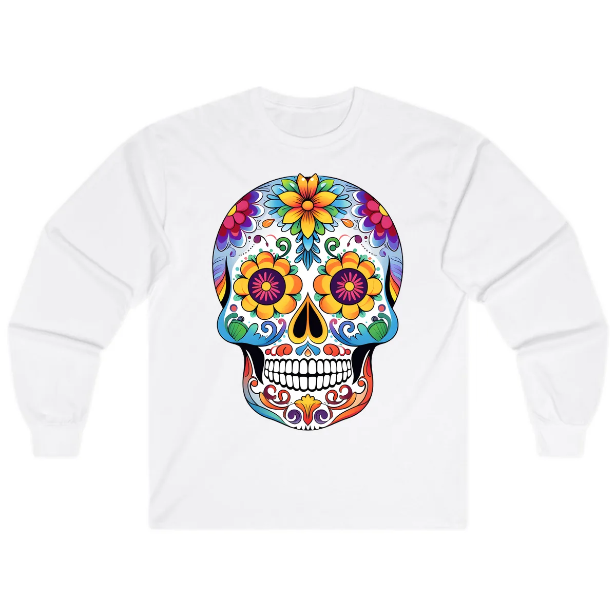Vibrant Floral Sugar Skull Calavera Long Sleeve in White