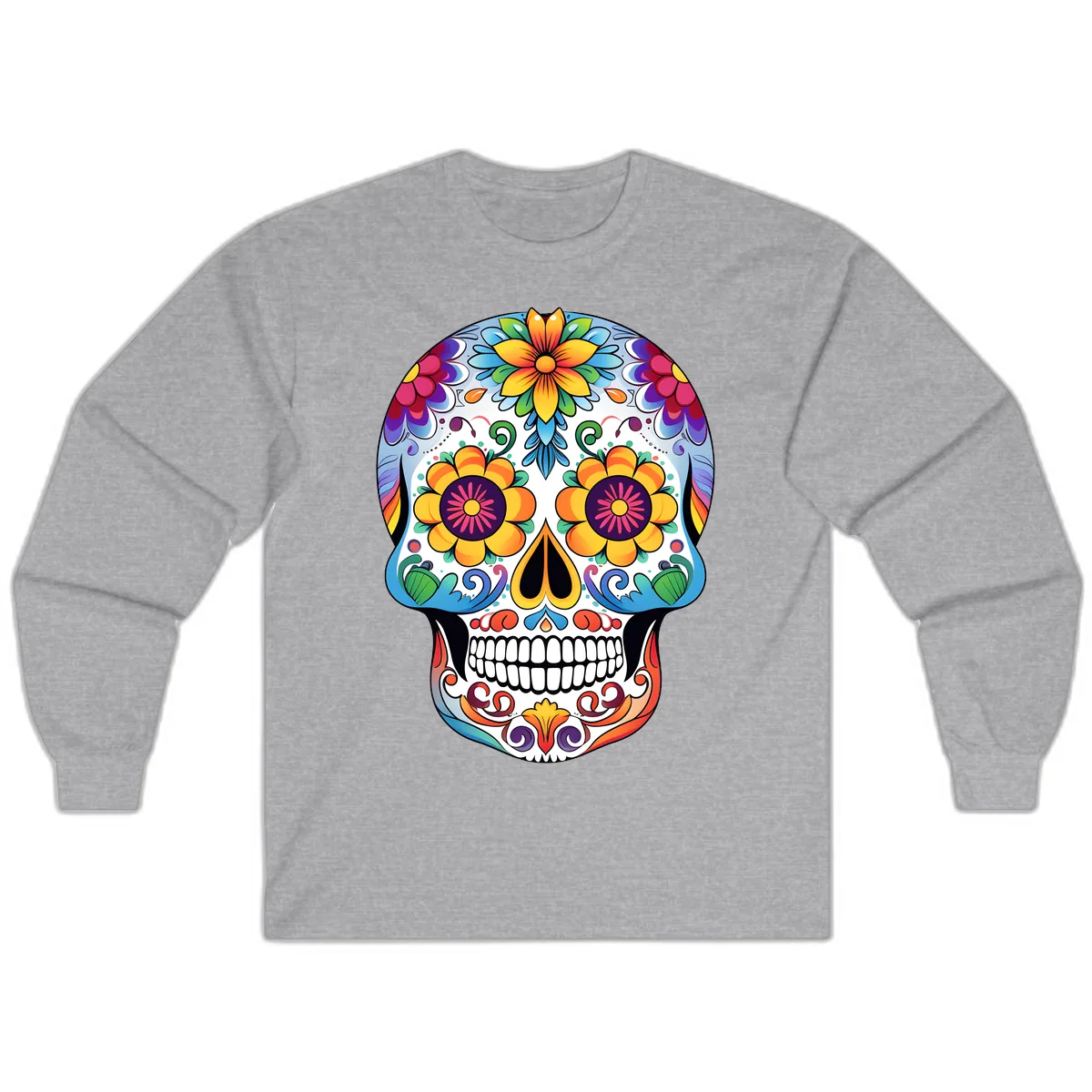 Vibrant Floral Sugar Skull Calavera Long Sleeve in Sport Grey