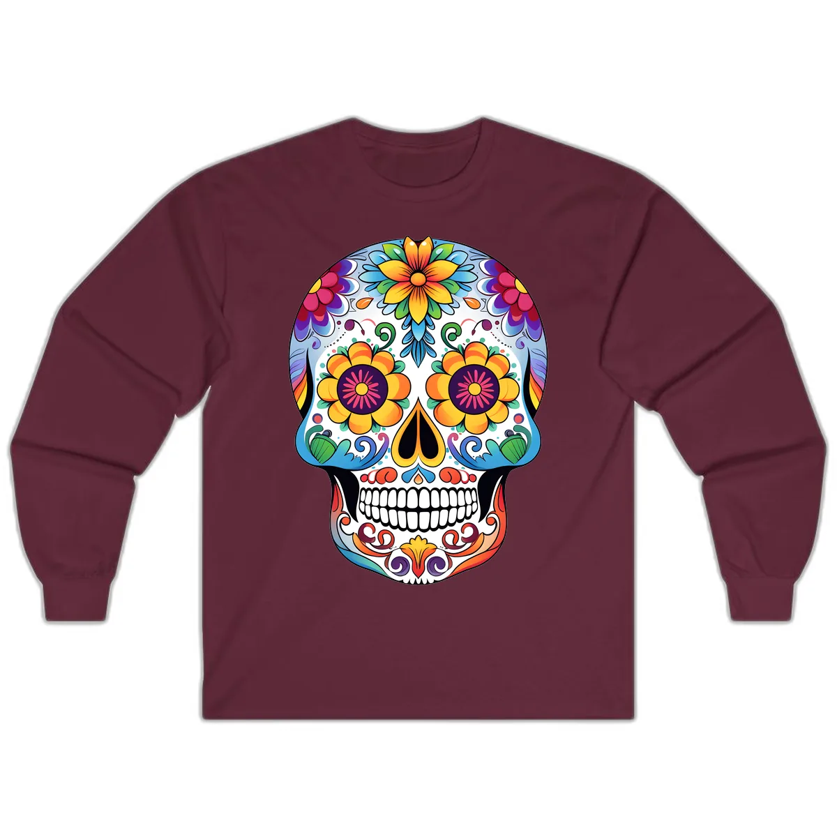 Vibrant Floral Sugar Skull Calavera Long Sleeve in Maroon