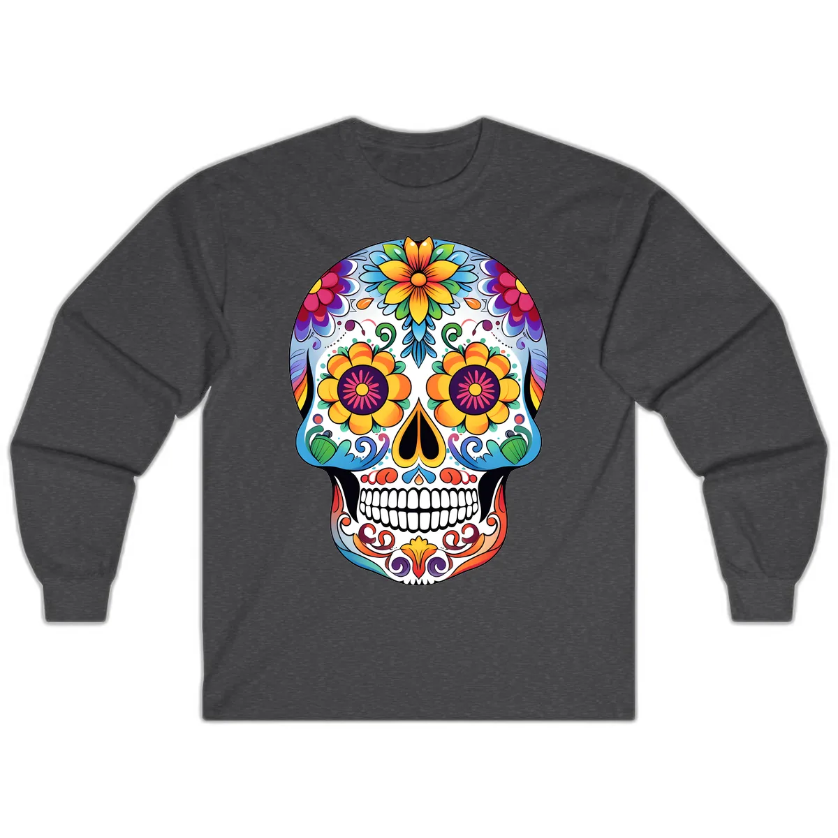 Vibrant Floral Sugar Skull Calavera Long Sleeve in Dark Heather
