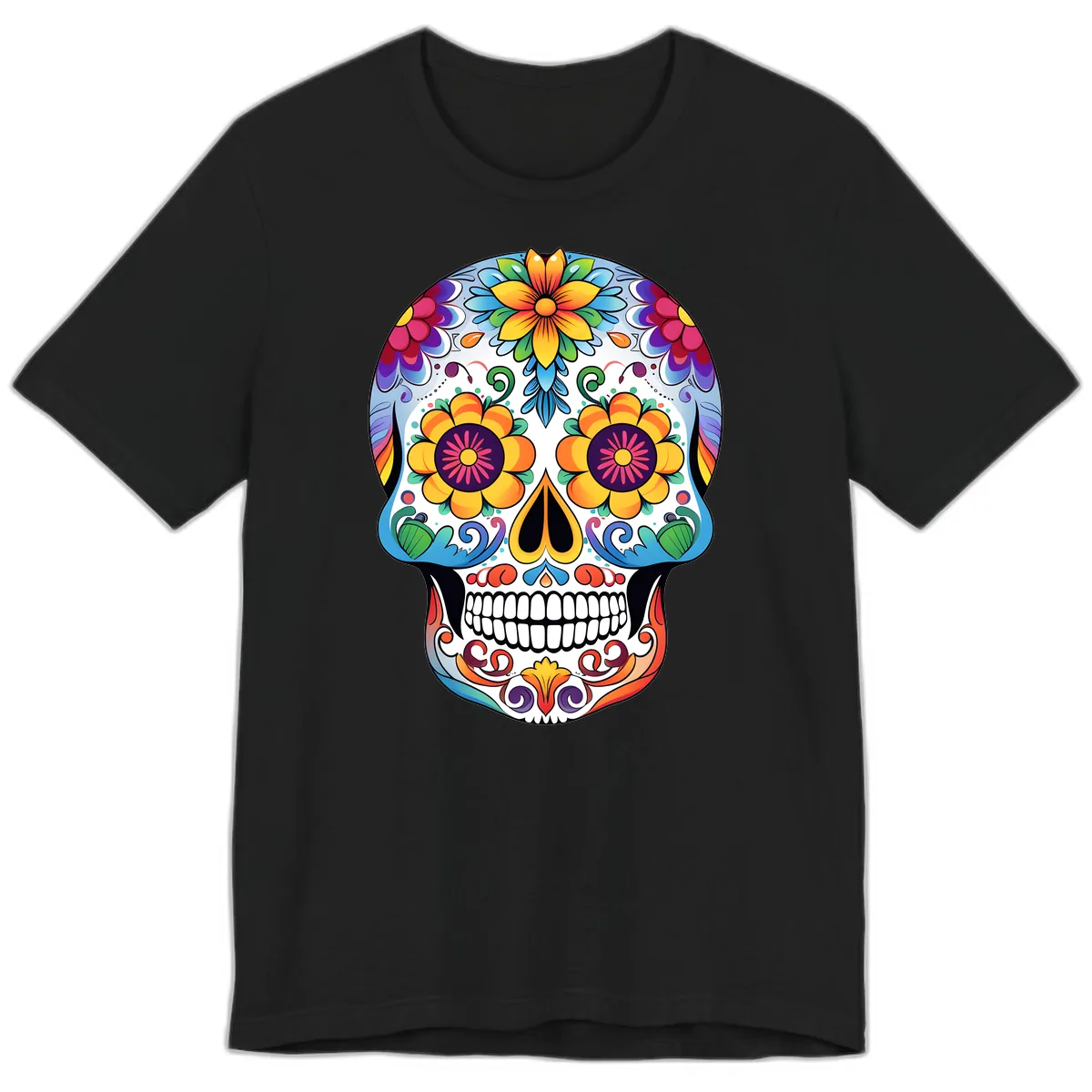 Vibrant Floral Sugar Skull Calavera Premium T-Shirt in Black