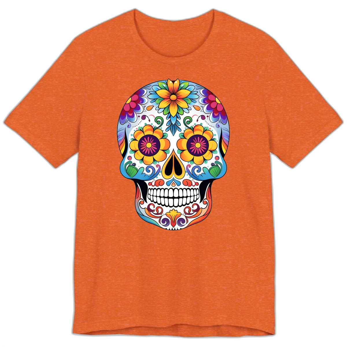 Vibrant Floral Sugar Skull Calavera Premium T-Shirt in Heather Orange