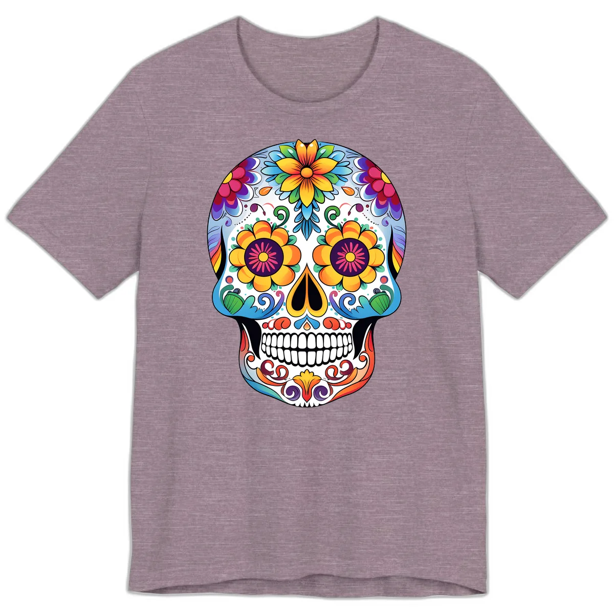 Vibrant Floral Sugar Skull Calavera Premium T-Shirt in Heather Purple
