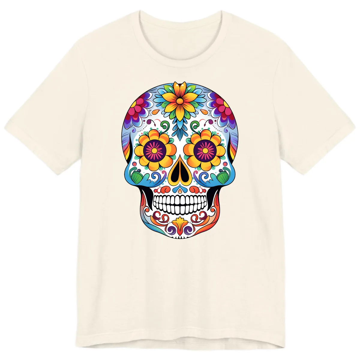 Vibrant Floral Sugar Skull Calavera Premium T-Shirt in Natural
