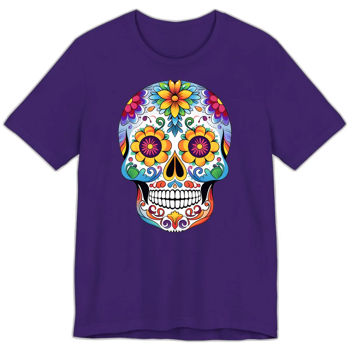 Vibrant Floral Sugar Skull Calavera Premium T-Shirt in Team Purple