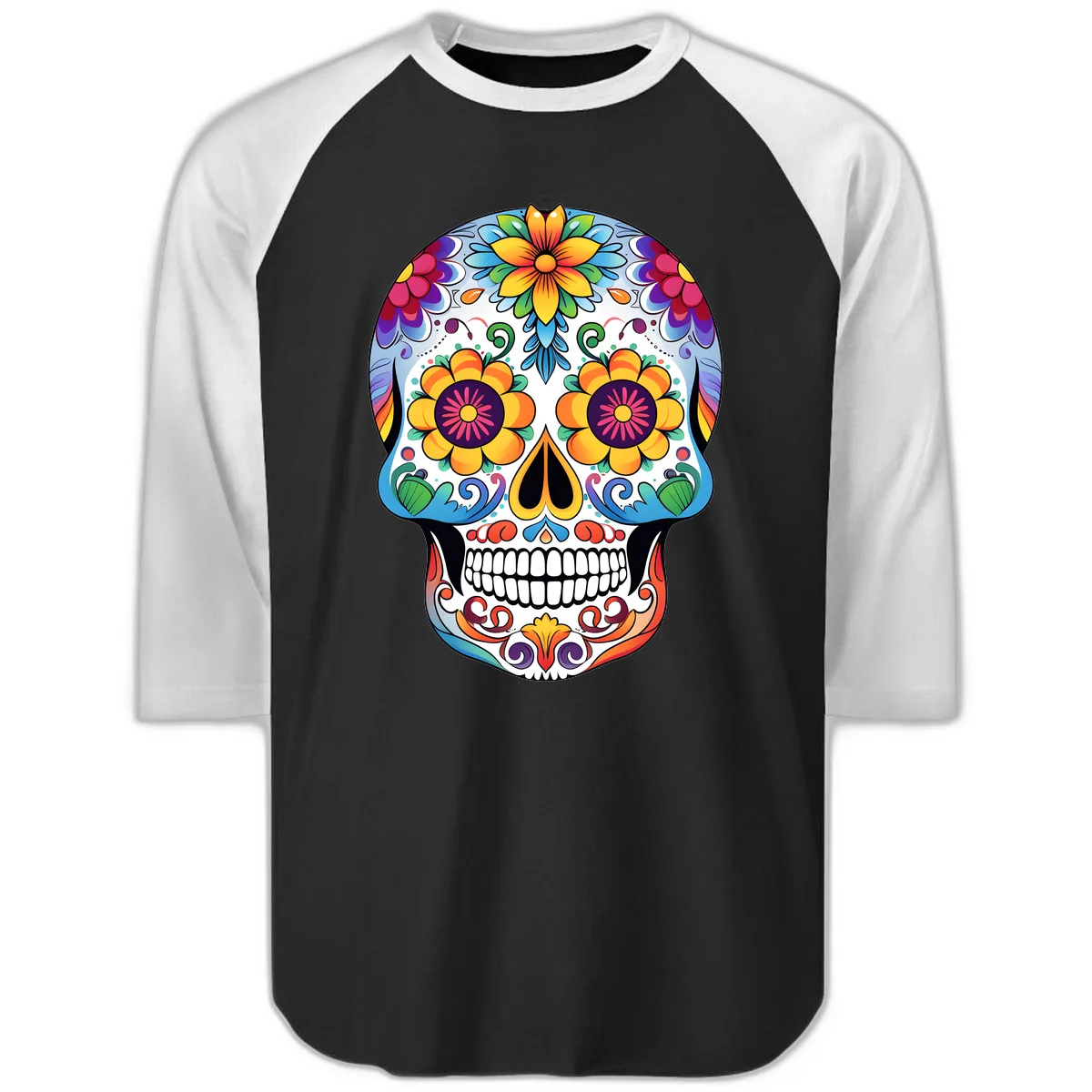 Vibrant Floral Sugar Skull Calavera Raglan 3/4 in Black White